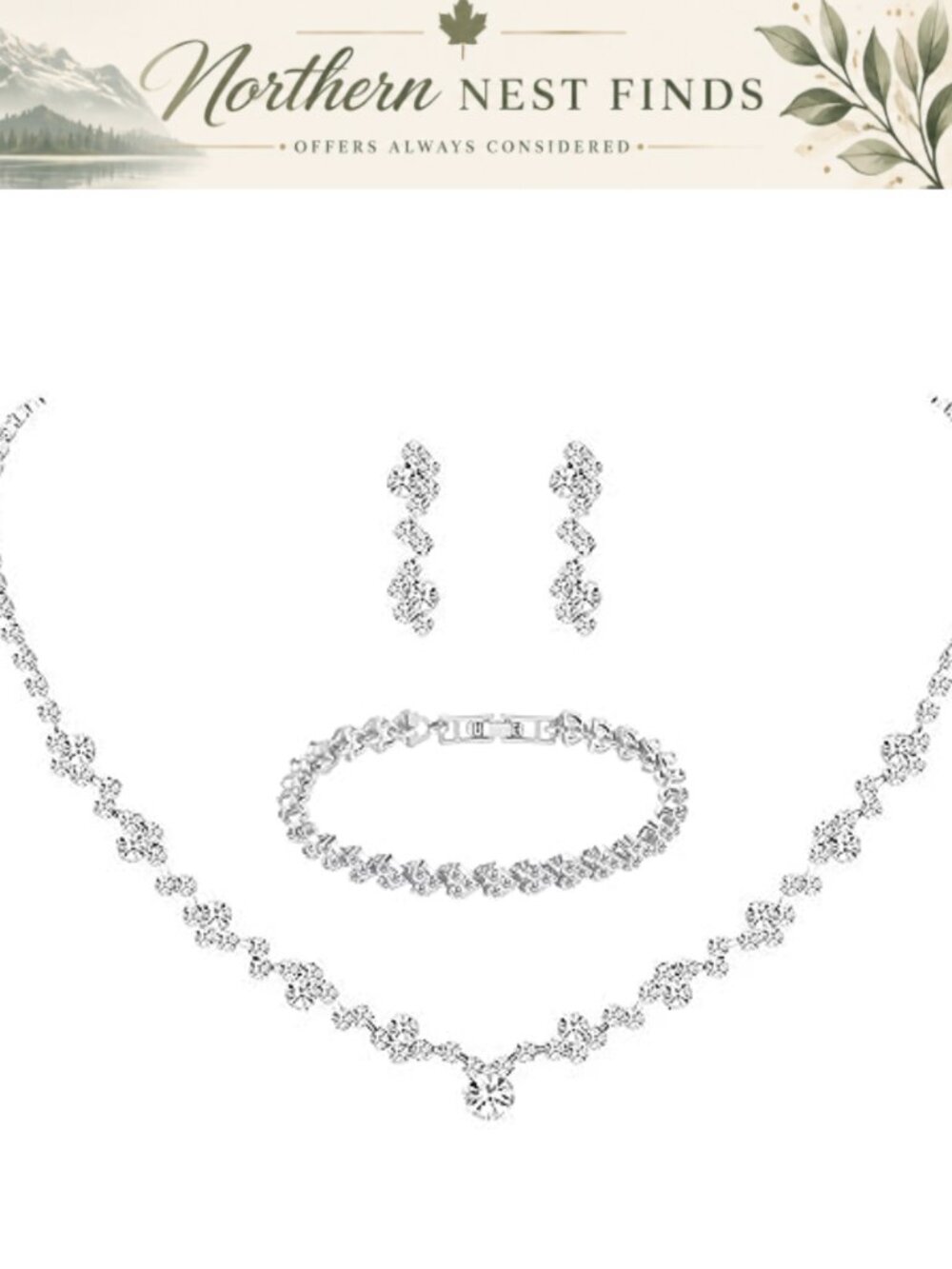 Silver Plated Crystal Wedding Jewelry Set Necklace Earrings Bracelet Bridal